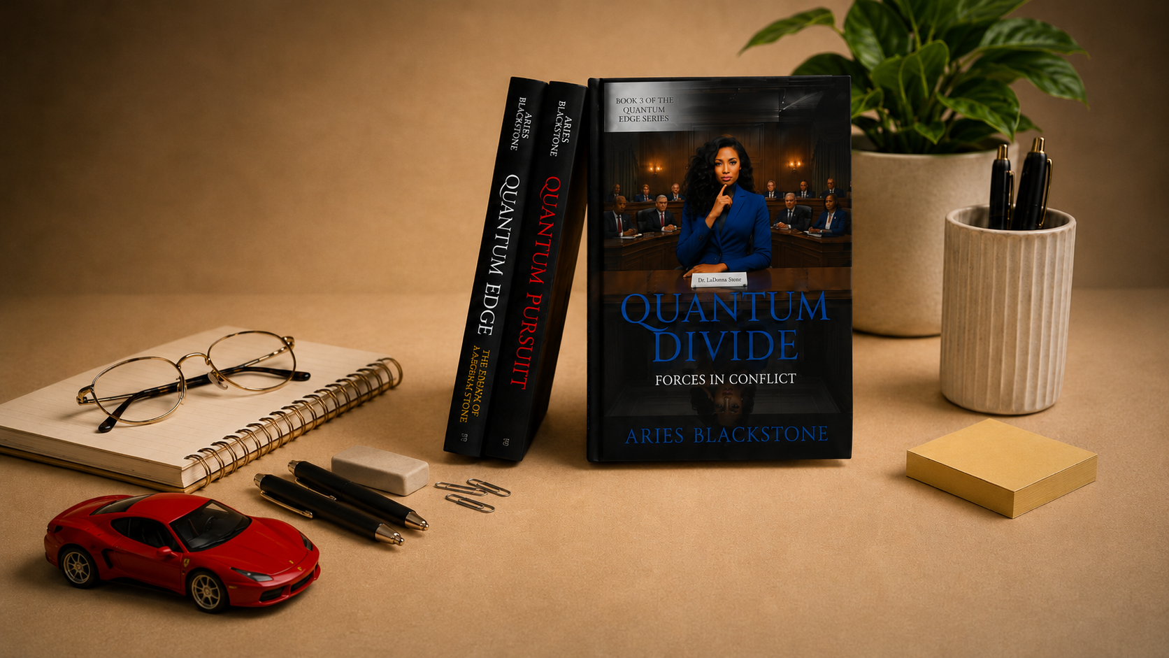 Quantum Divide books arranged on an author desk